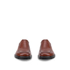 A pair of men's brown leather casual shoes shown from the front on a solid white background.