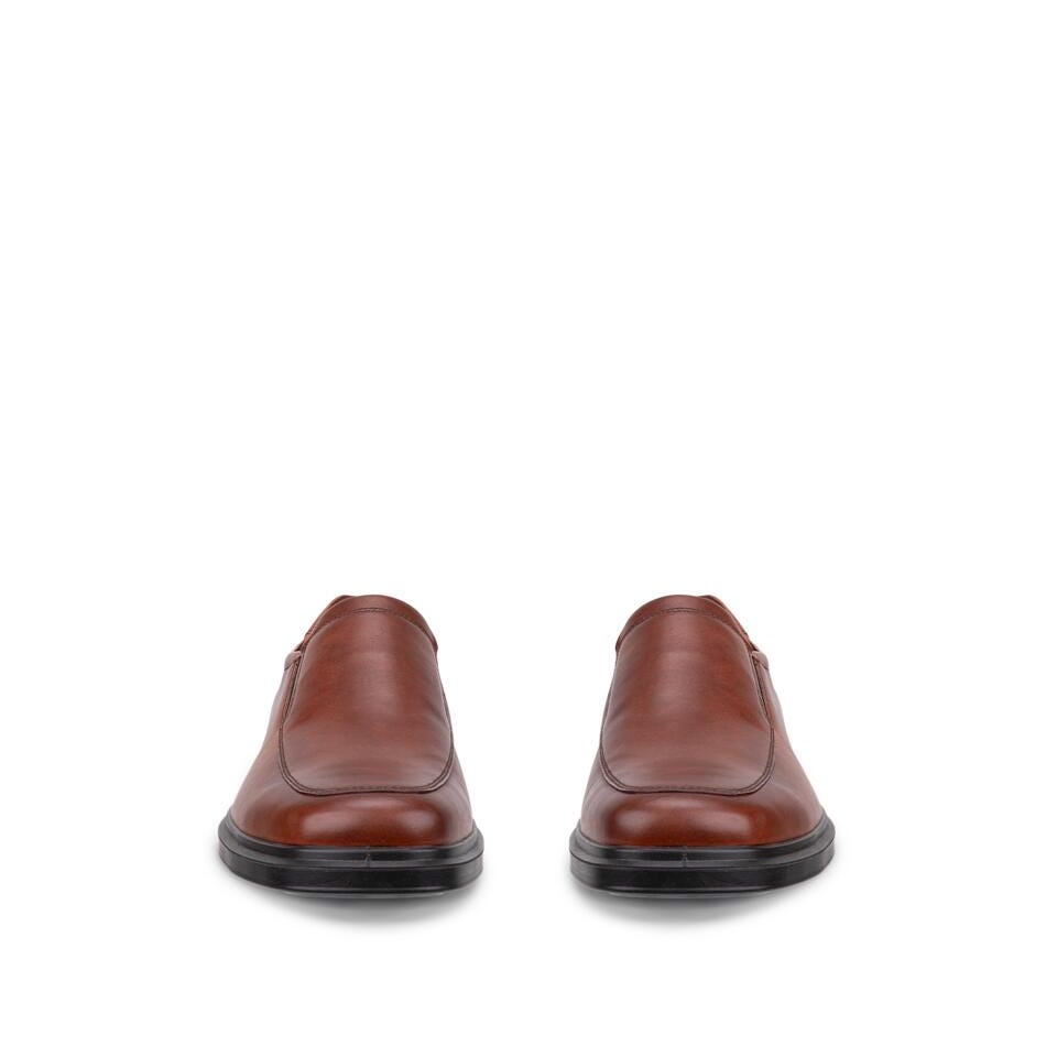 A pair of men's brown leather casual shoes shown from the front on a solid white background.