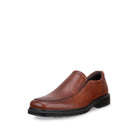 A single men's slip-on loafer in smooth brown leather with a black sole, shown from a three-quarters angle on a white background.