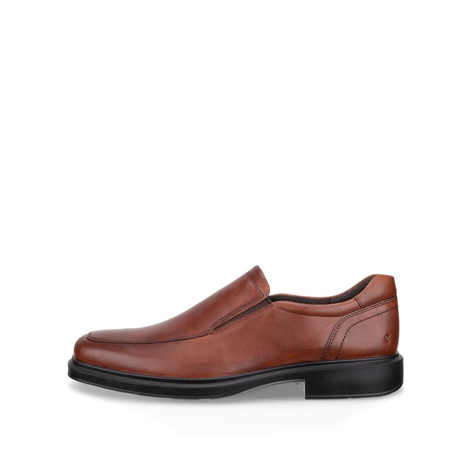 A single brown leather slip-on loafer shoe with a black sole, shown in a side profile view against a plain white background.