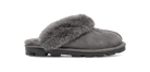 A single gray suede slipper with a thick gray faux-fur collar and a black lug sole, shown in profile against a white background.