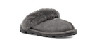 A single gray suede slipper with a thick, fluffy gray faux-fur trim across the top and a rugged black sole, shown from a side profile on a white background.