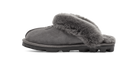 A single gray suede slipper with a thick gray faux-fur collar and a black sole, shown in profile against a white background.