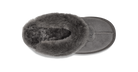 A single gray suede slipper with a thick, plush dark gray faux-fur trim, shown from a top-down view on a white background.