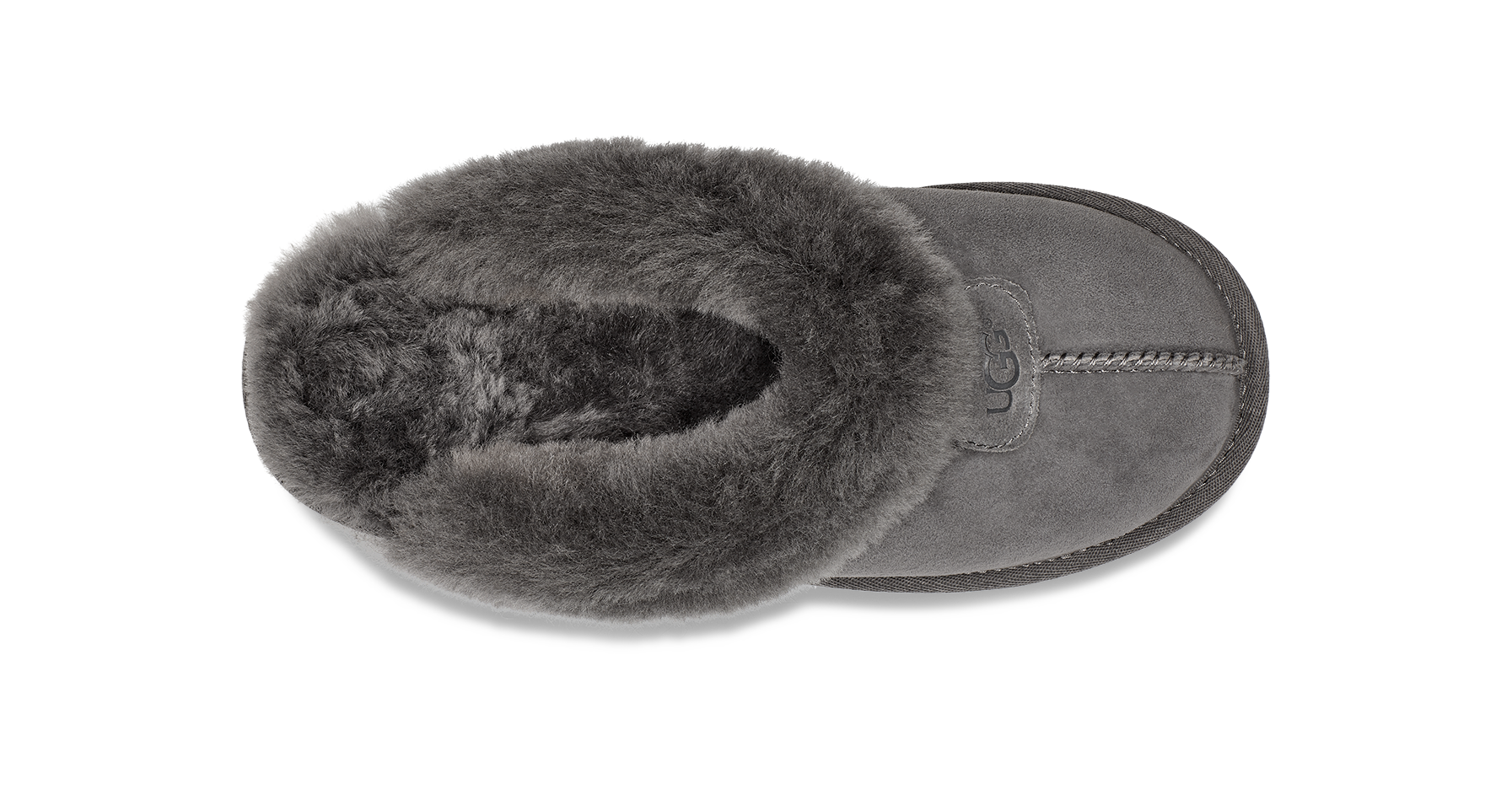 A single gray suede slipper with a thick, plush dark gray faux-fur trim, shown from a top-down view on a white background.