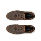 A pair of brown leather low-top sneakers shown from a top-down view on a solid white background. The shoes feature matching brown laces, contrast stitching, and a white rubber sole.