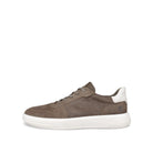 Brown sneaker with white sole on a white background