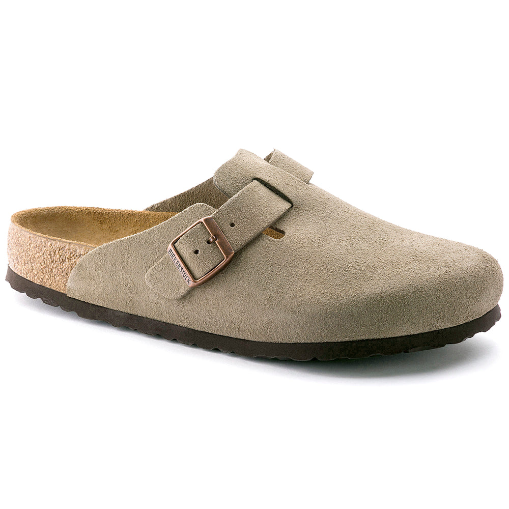 Birkenstock Boston Soft Footbed Suede Leather Color: Taupe (MEDIUM/NARROW WIDTH)