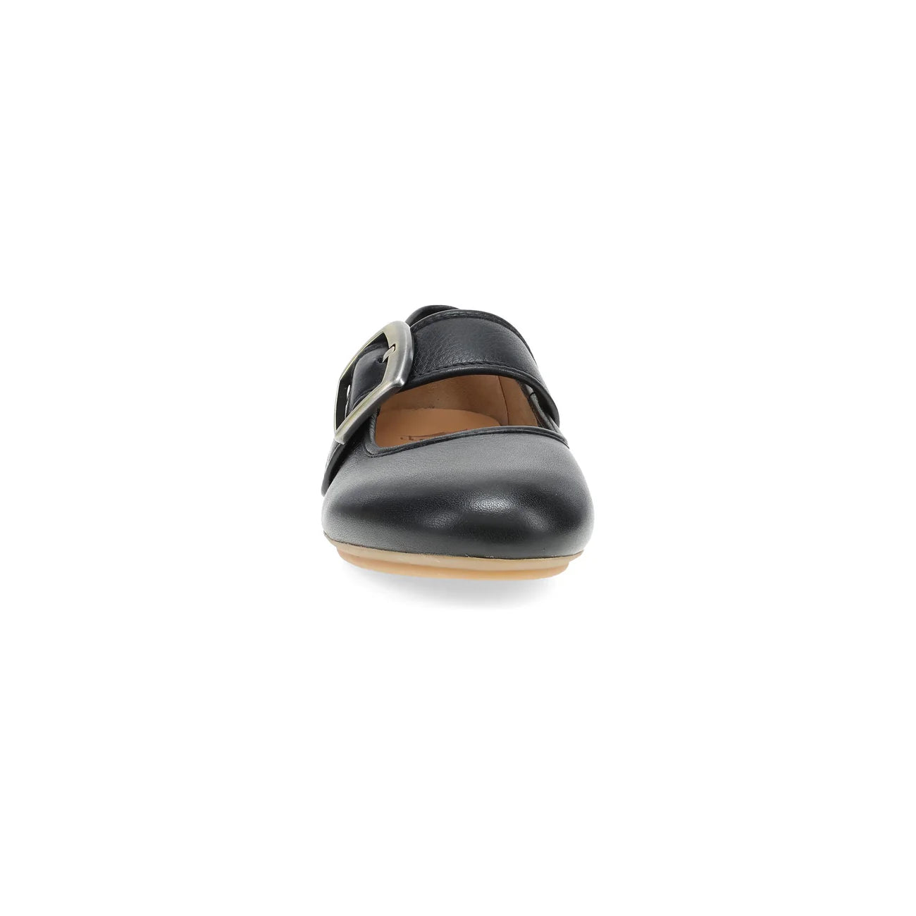 A single black leather Mary Jane flat shoe with a silver buckle strap, shown from a front-facing angle on a solid white background.