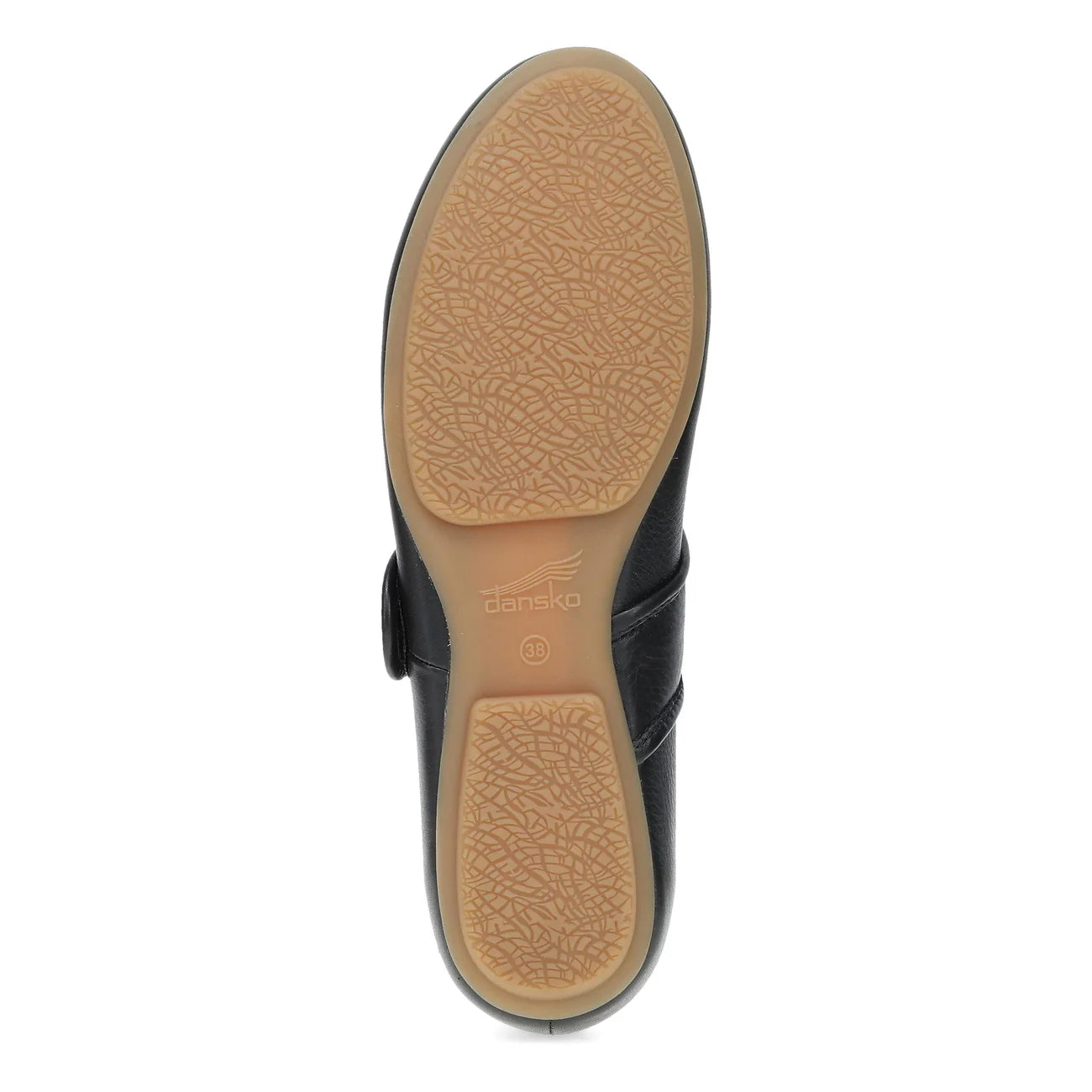 Black sandal with tan sole on a white background