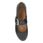 Black shoe with a strap and buckle on a white background