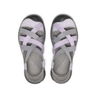 Pair of gray and purple sandals on a white background
