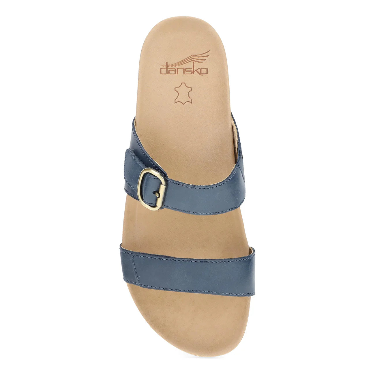 Blue sandal with a strap and buckle on a beige sole, featuring the Dansko logo.