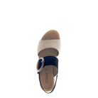 Navy sandal with beige heel on a white background