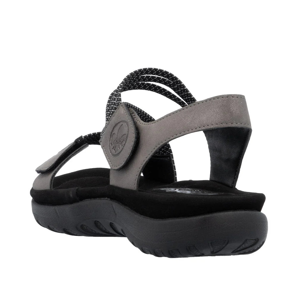 Black and gray sandal with a visible brand logo on a white background