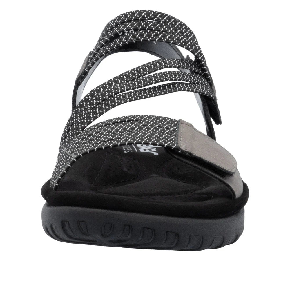 Black and gray sandal with textured straps on a white background