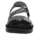 Black and gray sandal with textured straps on a white background