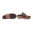 A pair of dark brown leather clog-style mules shown on a white background, with one shoe displaying the side profile and the other showing the outsole.