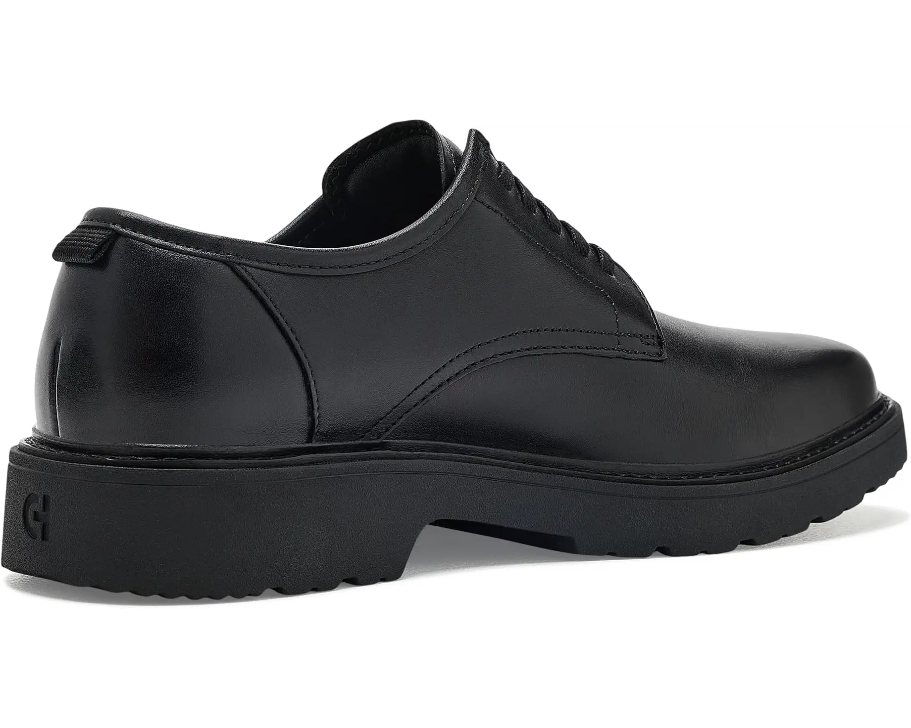 A black leather lace-up shoe with a chunky platform sole, shown from a side profile view on a white background.