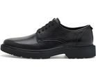 A black leather lace-up dress shoe with a chunky black sole, shown in a side profile view against a plain white background.