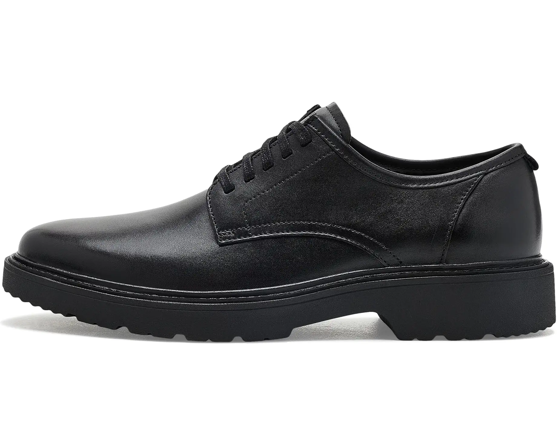 A black leather lace-up dress shoe with a chunky black sole, shown in a side profile view against a plain white background.