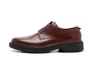 A brown leather lace-up dress shoe with a black sole, shown in a side profile view against a plain white background.