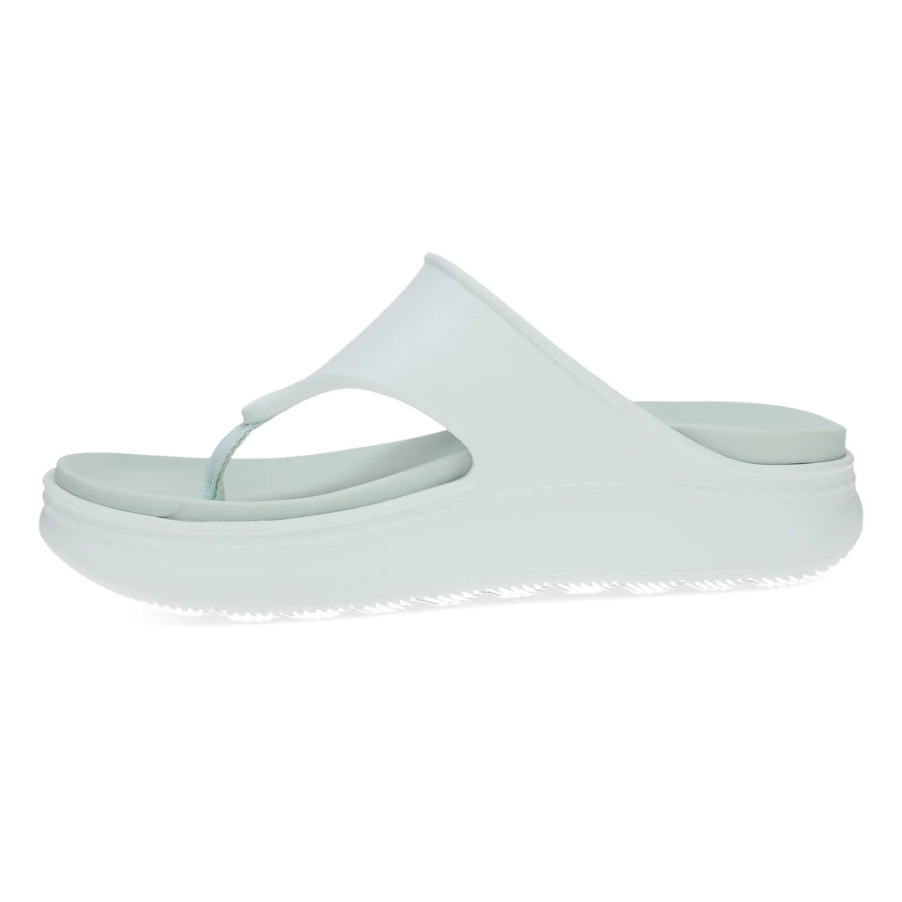 Light blue sandal with a strap on a white background