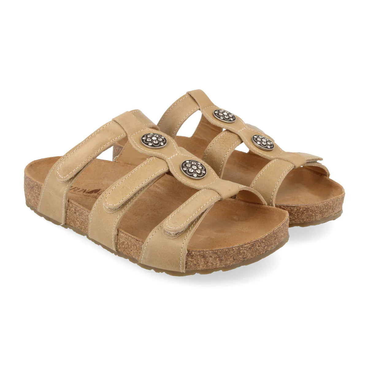 Pair of beige sandals with cork sole on a white background