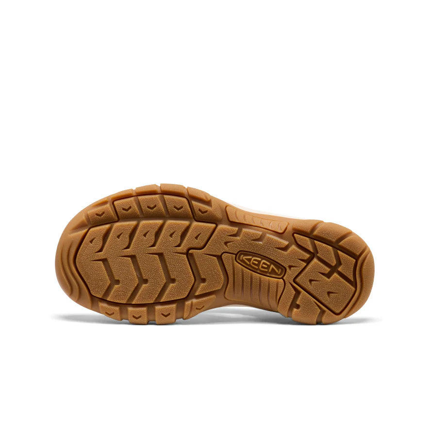 Brown sole of a shoe with 'Keen' branding on a white background