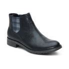 A black leather Chelsea boot with a blue and gray plaid elastic side panel, shown from a three-quarters angle on a white background.