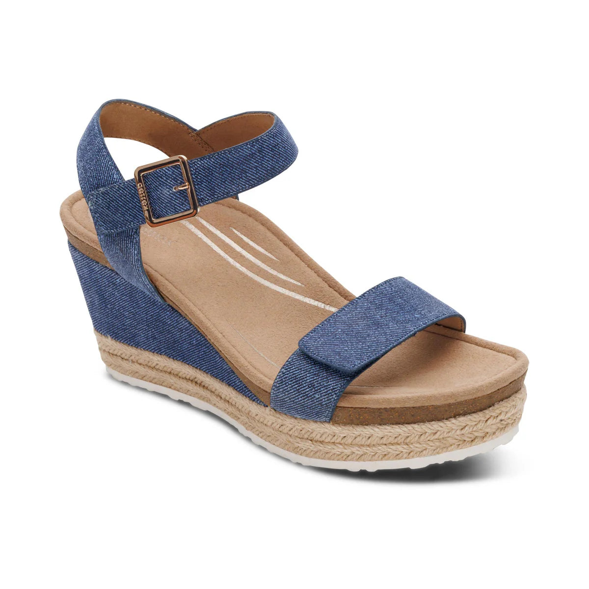 Blue wedge sandal with jute sole on a white background