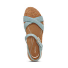 Light blue sandal with cork sole on a white background