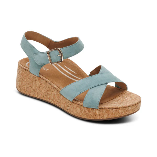 Wedge sandal with light blue straps and cork sole on a white background