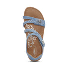 Blue sandal with braided strap on a white background