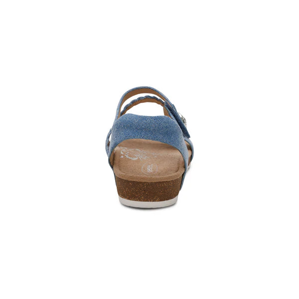 Blue sandal with a brown sole on a white background