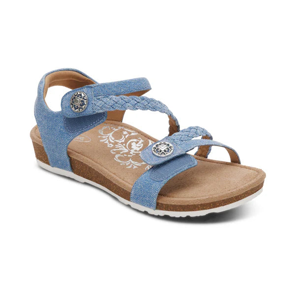Blue sandal with a brand logo on a white background