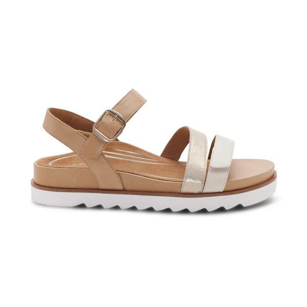Tan sandal with white sole on a white background