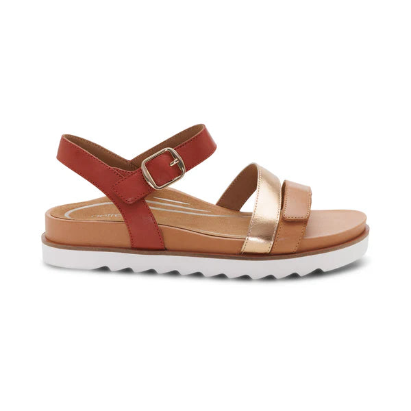 Brown sandal with red straps on a white background