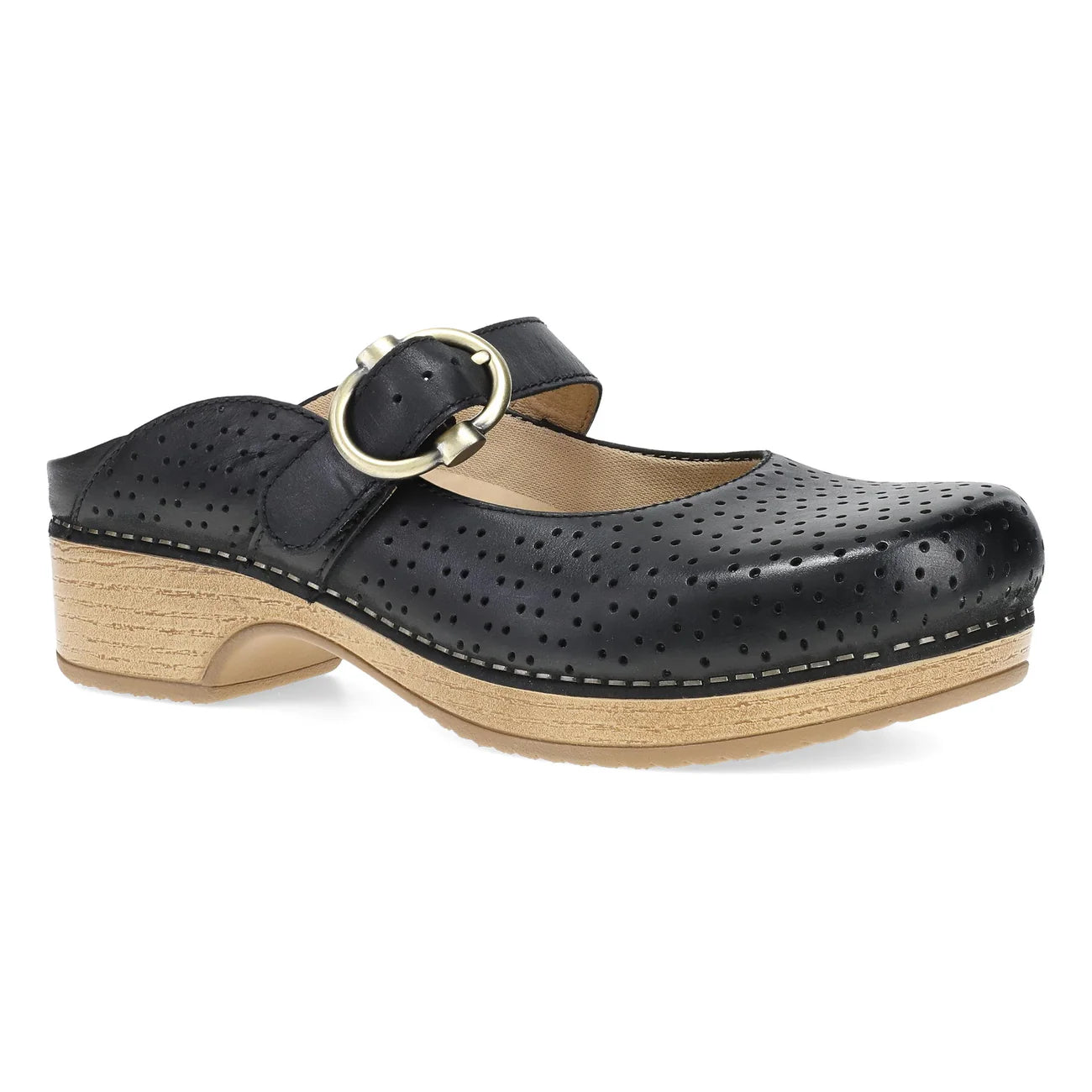 Black clog shoe with a wooden sole on a white background