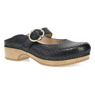 Black clog shoe with a wooden sole on a white background