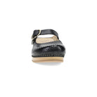 Black sandal with a strap on a white background