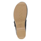 Black sandal with tan sole on a white background