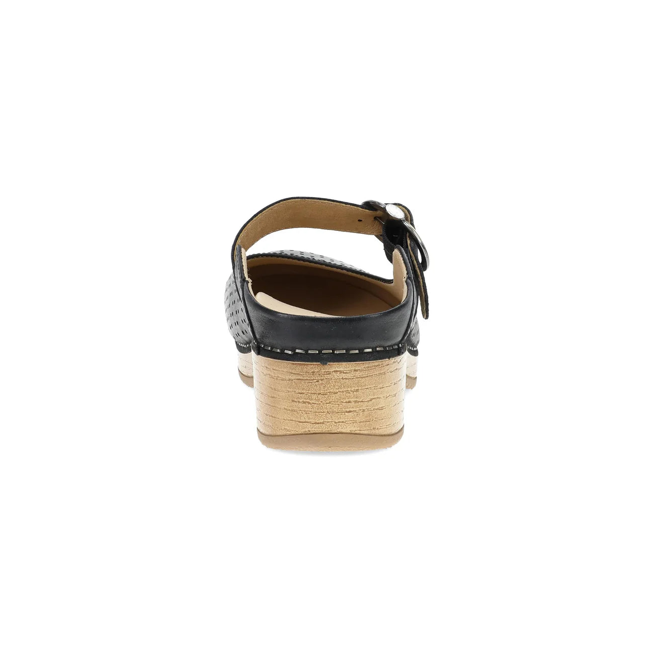 Black sandal with a wooden sole on a white background