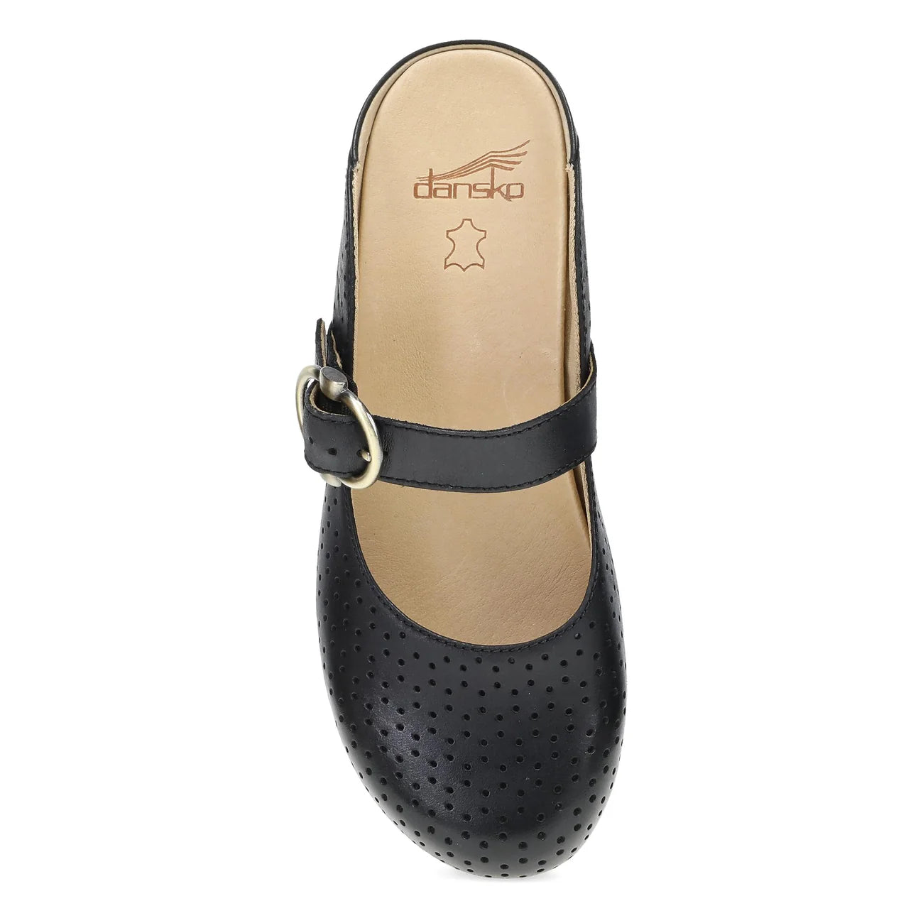 Black clog shoe with a strap on a white background, featuring the Dansko brand.