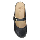 Black clog shoe with a strap on a white background, featuring the Dansko brand.