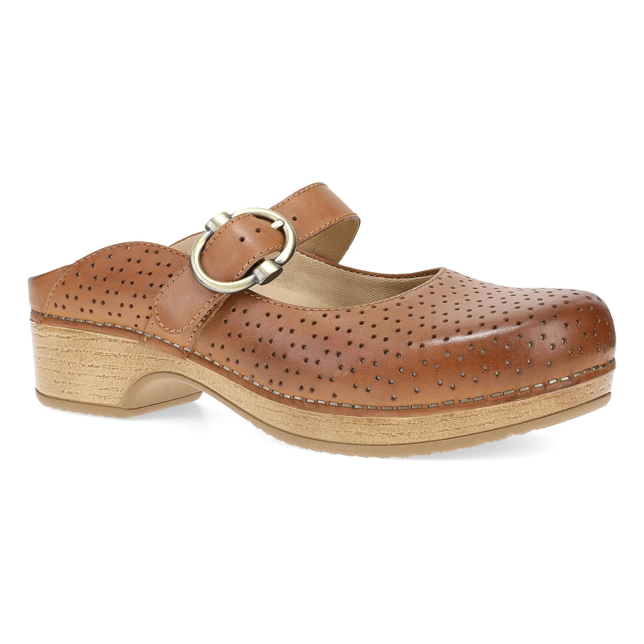 Brown clog shoe with a strap and wooden sole on a white background