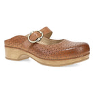 Brown clog shoe with a strap and wooden sole on a white background