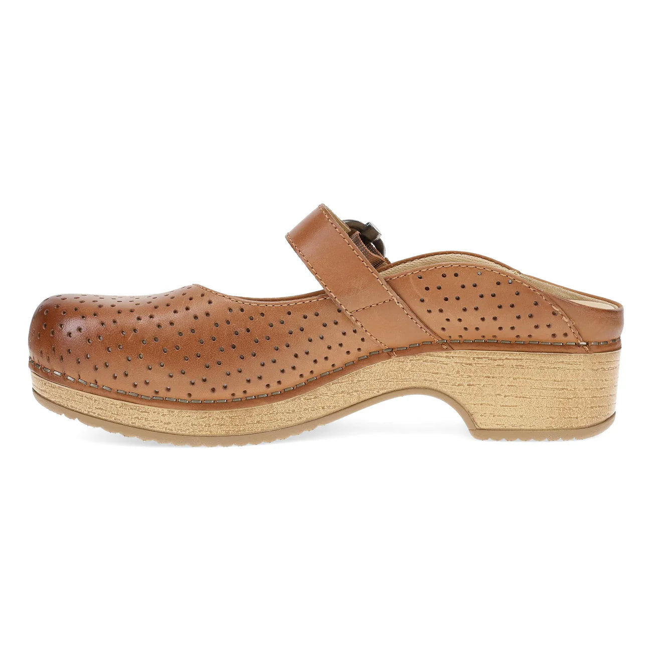Brown leather clog shoe on a white background