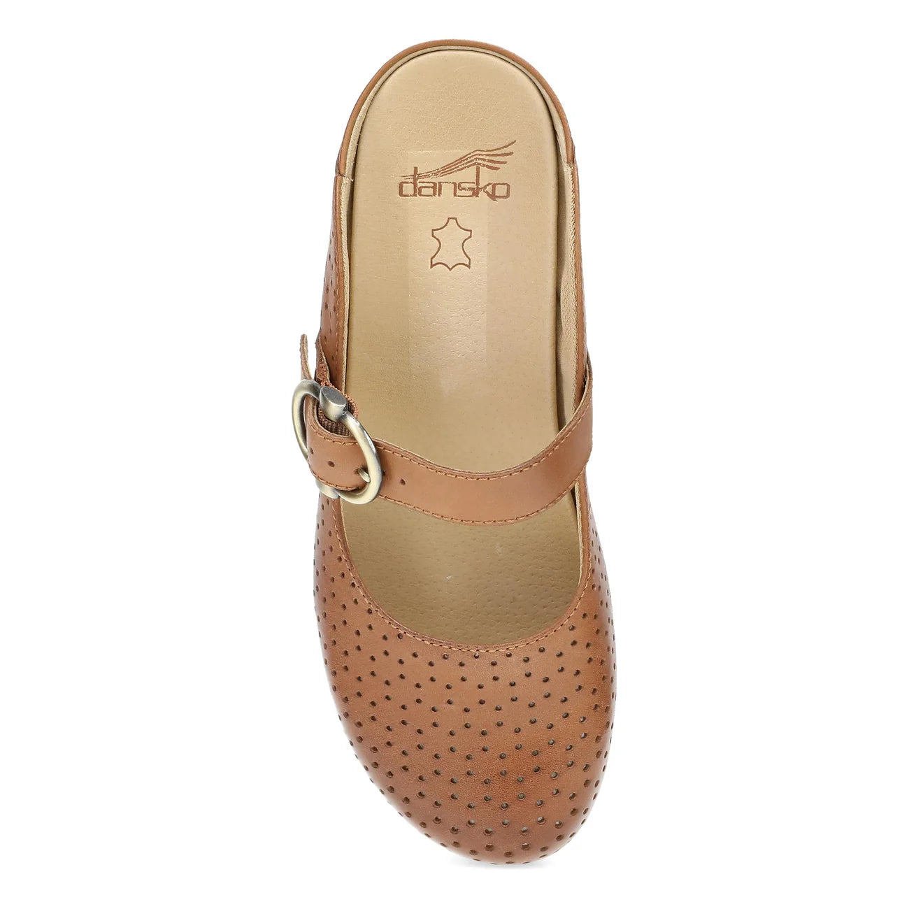 Brown clog shoe with a strap on a white background