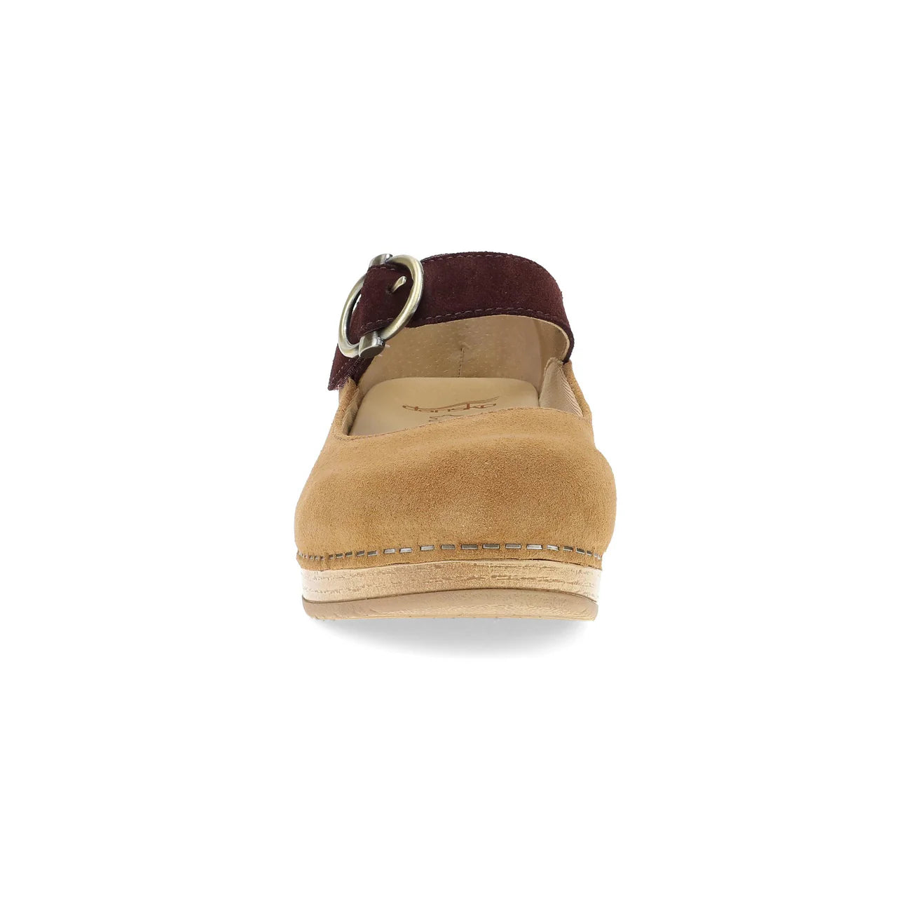 Tan sandal with a brown strap on a white background